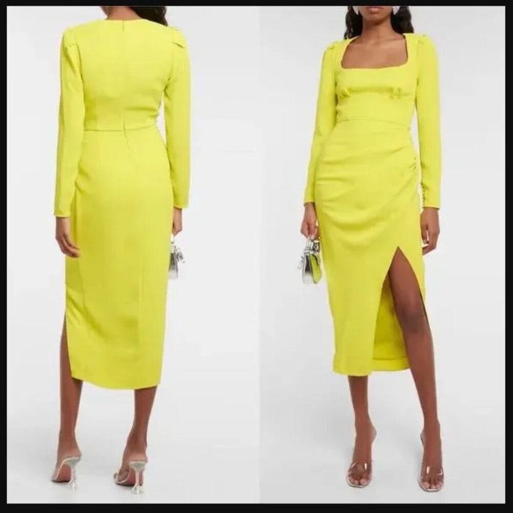 *NEW Self Portrait Ruched Crepe Midi Dress Lime Green Size US 8